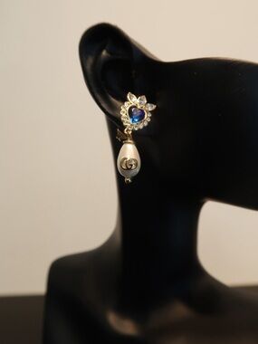 Gucci Blue Heart Crystal and Pearl Drop Earrings with Gold Accents